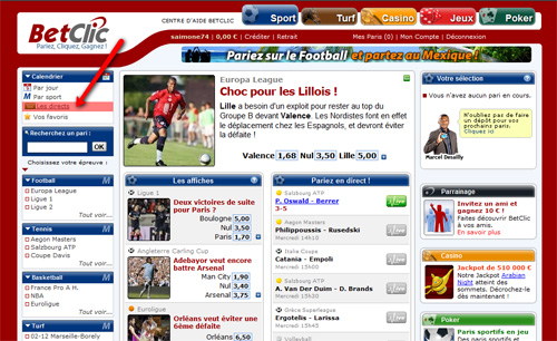 Cliquez sur "Les directs" pour regarder les matchs en streaming